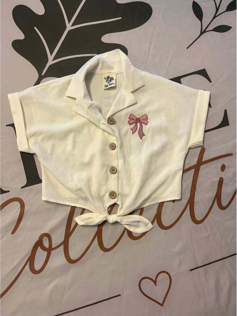 Lily Bleu White Button-Up Crop Top with Bow Embroidery